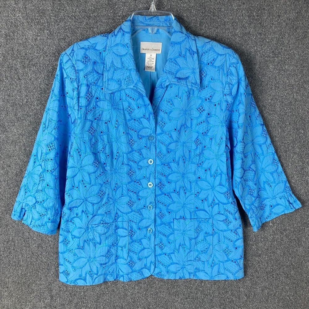 Draper's‎ & Damon's Blazer Women's Size 14 Coat Long Sleeve 100% Cotton Blue